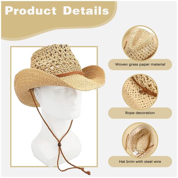 3139 Straw Cowboy Hats Western Cowgirl Hat Foldable Wide Brim main image 6
